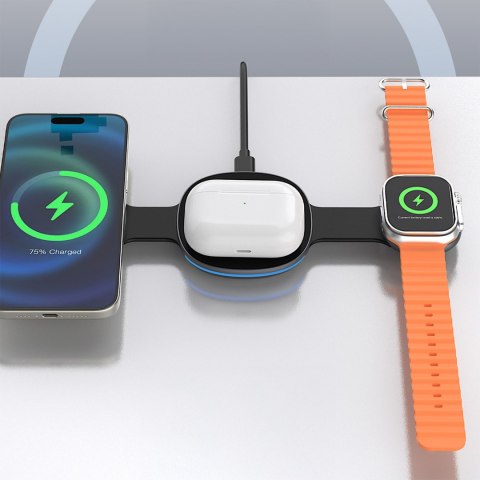 Ładowarka bezprzewodowa 3w1 na smartfon smartwatch słuchawki MagSafe - czarna