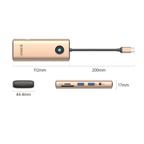HUB 8w1 USB-C - USB-A USB-C HDMI SD microSD RJ45 mini jack PD 100W 4K 60Hz - różowo-złoty