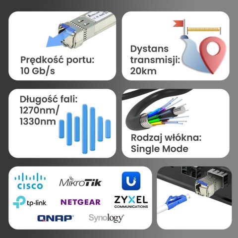 Extralink Moduł SFP+ WDM SFP+ 10G 10Gbps 1270/1330nm, single mode, 20km, LC, DOM, para