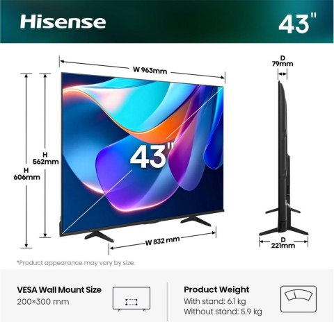 Hisense 43A6S 109,2 cm (43") 4K Ultra HD Smart TV Wi-Fi Czarny