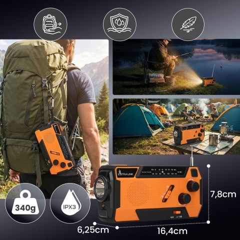 Extralink RADIO AWARYJNE SOLARNE Z KORBKA DYNAMO POWERBANK 4000MAH Z LATARKA SOS SR-4000 Przenośny Analogowy Czarny, Pomarańczow