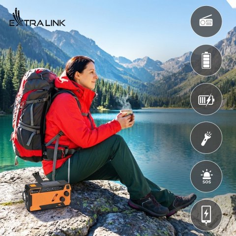 Extralink RADIO AWARYJNE SOLARNE Z KORBKA DYNAMO POWERBANK 4000MAH Z LATARKA SOS SR-4000 Przenośny Analogowy Czarny, Pomarańczow