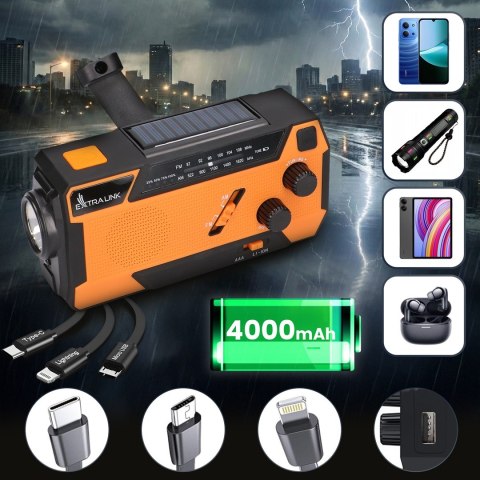 Extralink RADIO AWARYJNE SOLARNE Z KORBKA DYNAMO POWERBANK 4000MAH Z LATARKA SOS SR-4000 Przenośny Analogowy Czarny, Pomarańczow