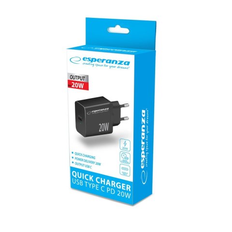 Esperanza ESPERANZA ŁADOWARKA SIECIOWA 20W USB-C PD CZARNA EZC104K