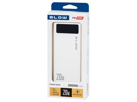 BLOW BLOW POWER BANK 20000MAH QC+PD 20W + LIGHTNING BIAŁY PB20E