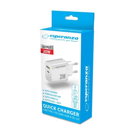 Esperanza ESPERANZA ŁADOWARKA SIECIOWA 20W USB-C PD 20W / USB-A QC 3.0 18W BIAŁA EZC105W