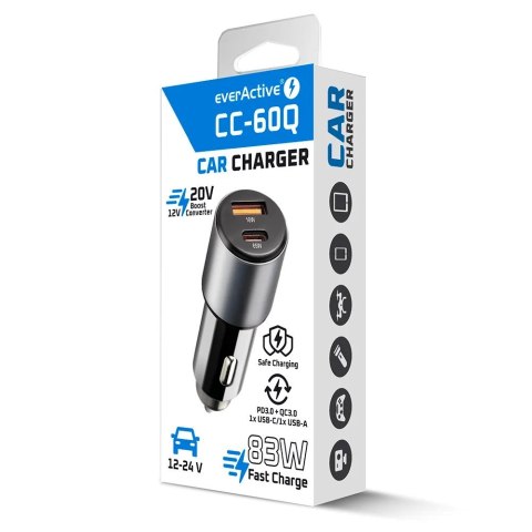 Everactive EVERACTIVE ŁADOWARKA SAMOCHODOWA 1 X USB QC3.0, 1 X USB-C PD 83W CZARNA CC-60Q