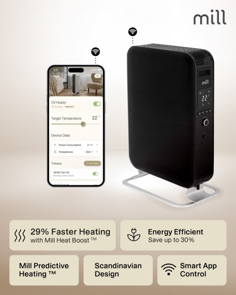 Mill Mill | Grzejnik olejowy WiFI GEN3 | OIL2000WIFI3 | Grzejnik olejowy | 2000 W | Liczba stopni mocy: 3 | Czarny