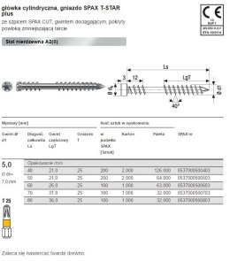 SPAX WKRĘT TARASOWY A2 (100) TX 5.0*70MM SPAX-D