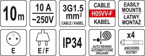 YATO PRZEDŁUŻACZ ELEKTRYCZNY NA ZWIJAKU AUTOMAT 10M