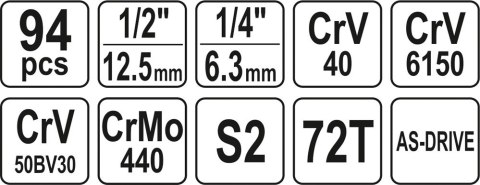YATO ZESTAW NARZĘDZIOWY 1/2'' 94 CZĘŚCI L