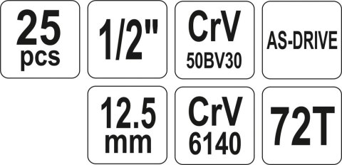 YATO ZESTAW NARZĘDZIOWY 25 CZĘŚCI 1/2''