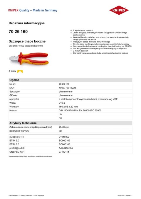 KNIPEX SZCZYPCE TNĄCE BOCZNE IZOLOWANE 160MM