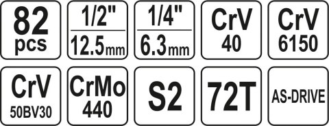 YATO ZESTAW NARZĘDZIOWY 1/2'' 82 CZĘŚCI L