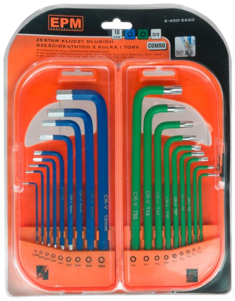 EPM KOMPLET KLUCZY TRZPIENIOWYCH HEX I TORX DŁUGIE 18 SZTUK