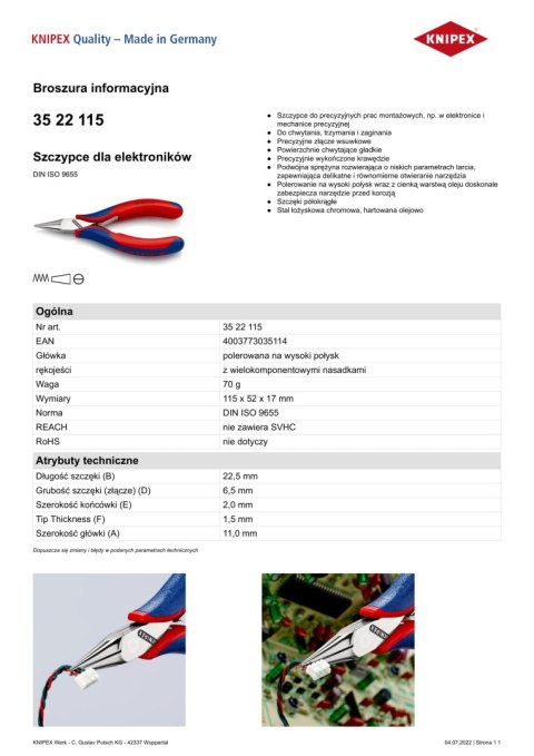 KNIPEX SZCZYPCE DLA ELEKTRONIKÓW 115MM