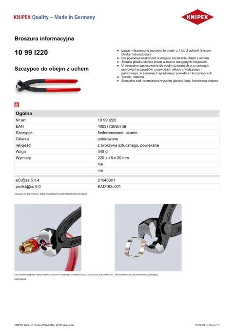 KNIPEX SZCZYPCE DO MONTAŻU OPASEK ZACISKOWYCH OETIKER 220MM
