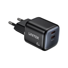 Unitek UNITEK ŁADOW. SIECIOWA 2X GAN 45W, 2XUSB-C PD 3.0, QC, CZARNA