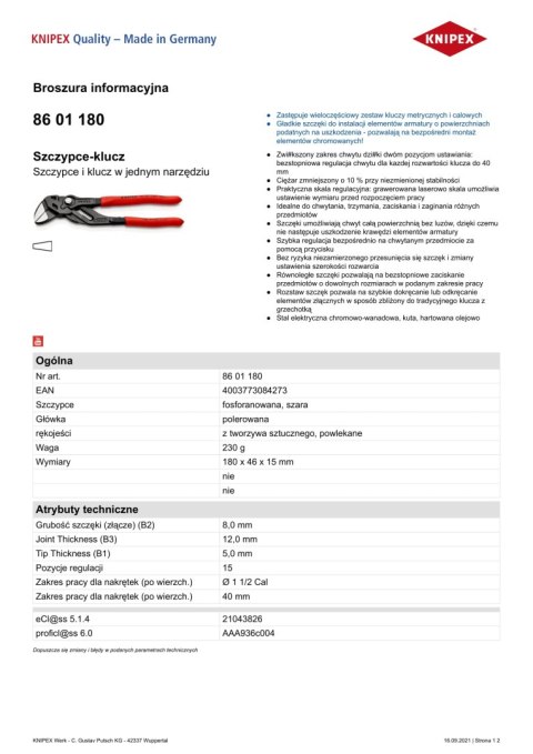 KNIPEX SZCZYPCE-KLUCZ OKSYDOWANE 180MM