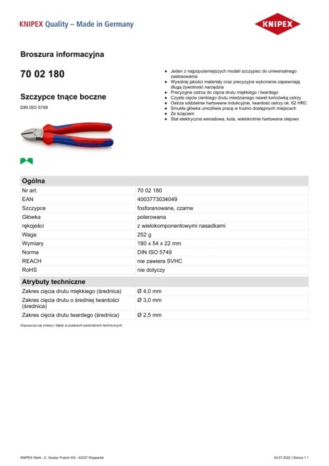KNIPEX SZCZYPCE TNĄCE BOCZNE 180MM, POWLEKANE