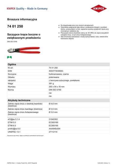 KNIPEX SZCZYPCE TNĄCE BOCZNE O ZWIĘKSZONYM PRZEŁOŻENIU 250MM