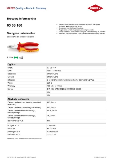 KNIPEX SZCZYPCE UNIWERSALNE IZOLOWANE VDE 160MM