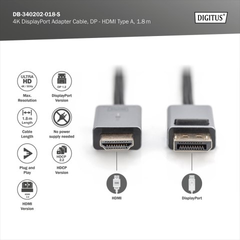 Digitus Adapter kabel DisplayPort na HDMI Typ A 4K Digitus 1.8 m DB-340202-018-S czarny