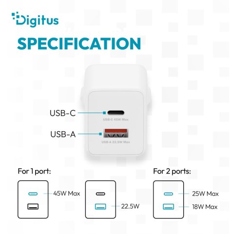 Digitus Digitus Ładowarka GaN 45W USB-C + USB-A DA-10302 biała