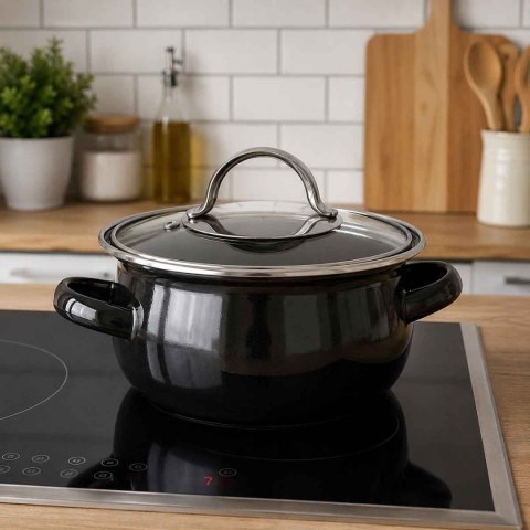 GARNEK EMALIOWANY 14cm Z POKRYWĄ BANQUET METALLIC BLACK 0,7L