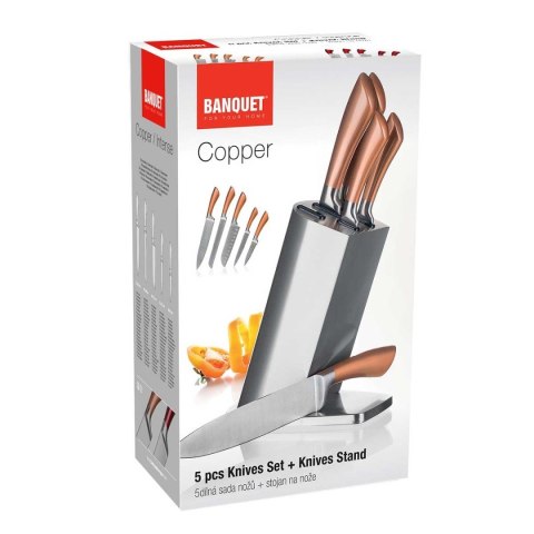 ZESTAW 5 NOŻY KUCHENNYCH W STOJAKU BANQUET COPPER