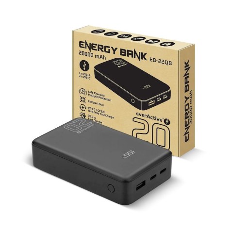 Everactive EVERACTIVE POWERBANK 20 000MAH, 1X USB, 2X USB-C, 20W, QC4+, WYŚWIETLACZ LCD, CZARNY EB-22QB