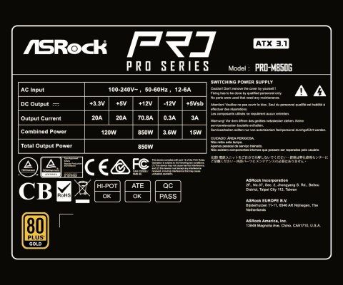 Zasilacz Asrock PRO-M850G 850W 80 PLUS Gold